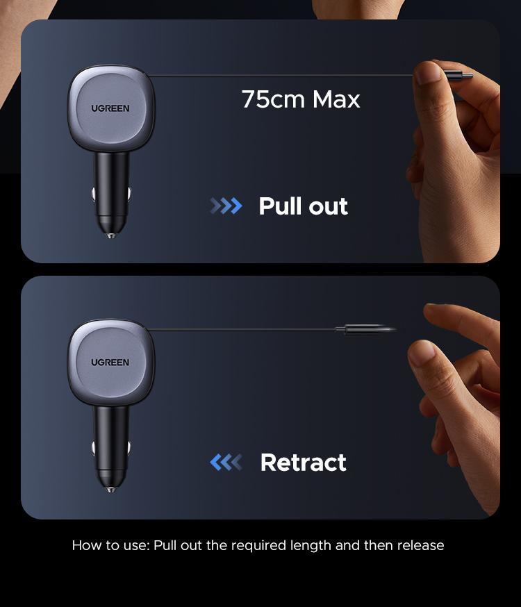 UGREEN Retractable Car Charger, 75W USB C Car Accessories Adapter for iPhone 17/16 USB C Charger Fast Charging, Deals for you, Travel Essentials Gifts for Women Men,September Restock，TikTokShopBlackFriday ,TikTokShopHolidayHaul