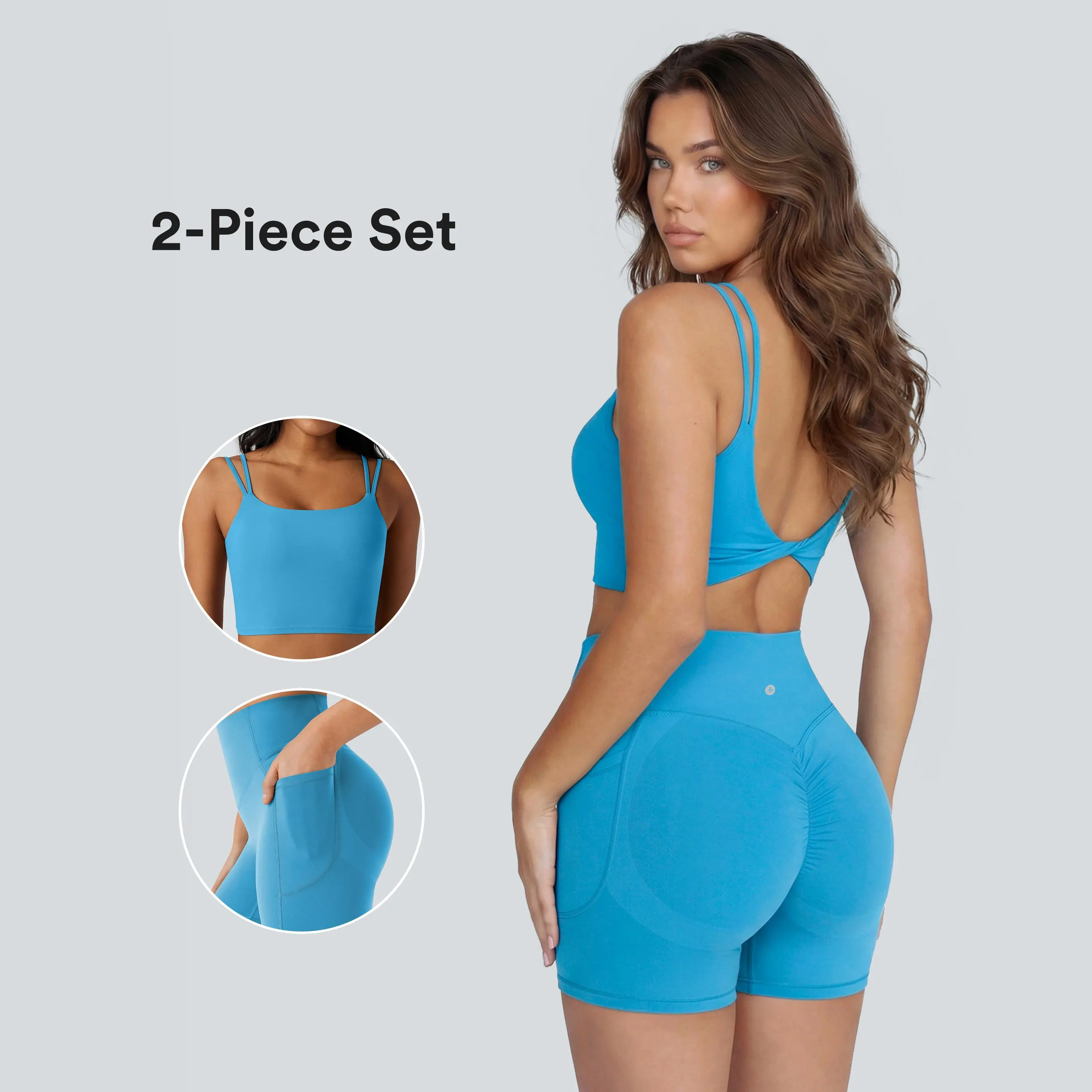 Halara 2-piece Halara UltraSculpt Double Straps Twisted Backless Cropped Yoga Tank Top & UltraSculpt High Waisted Scrunch Butt Lifting Tummy Control Side Pocket Shaping Workout Biker Shorts 5''&7