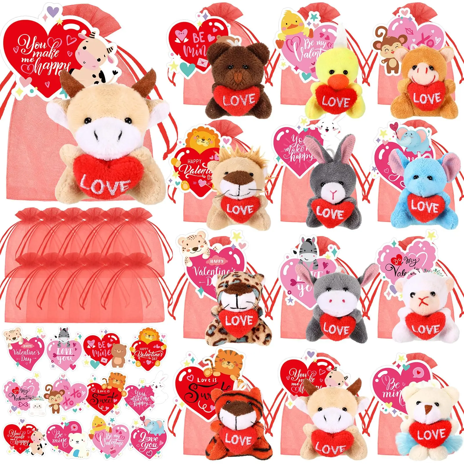 12/24 Sets Mini Valentine's Plush Animal Stuffed for Valentine's Party Favors for Students Classroom Gift Exchange Party Goodie Bags Valentine's Day Gift Birthday Gift Bags with Tags Festival Decor