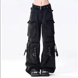 Women's Black  Baggy Cargo Jeans Harajuku Oversize Denim Trousers Y2k 90s Vintage 2000s  Jean Pants Trashy Clothes 2025 Womenswear Bottom Check Streetwear Comfort Gamis Loose Oversized Flared Leg Design Basic Minimalist