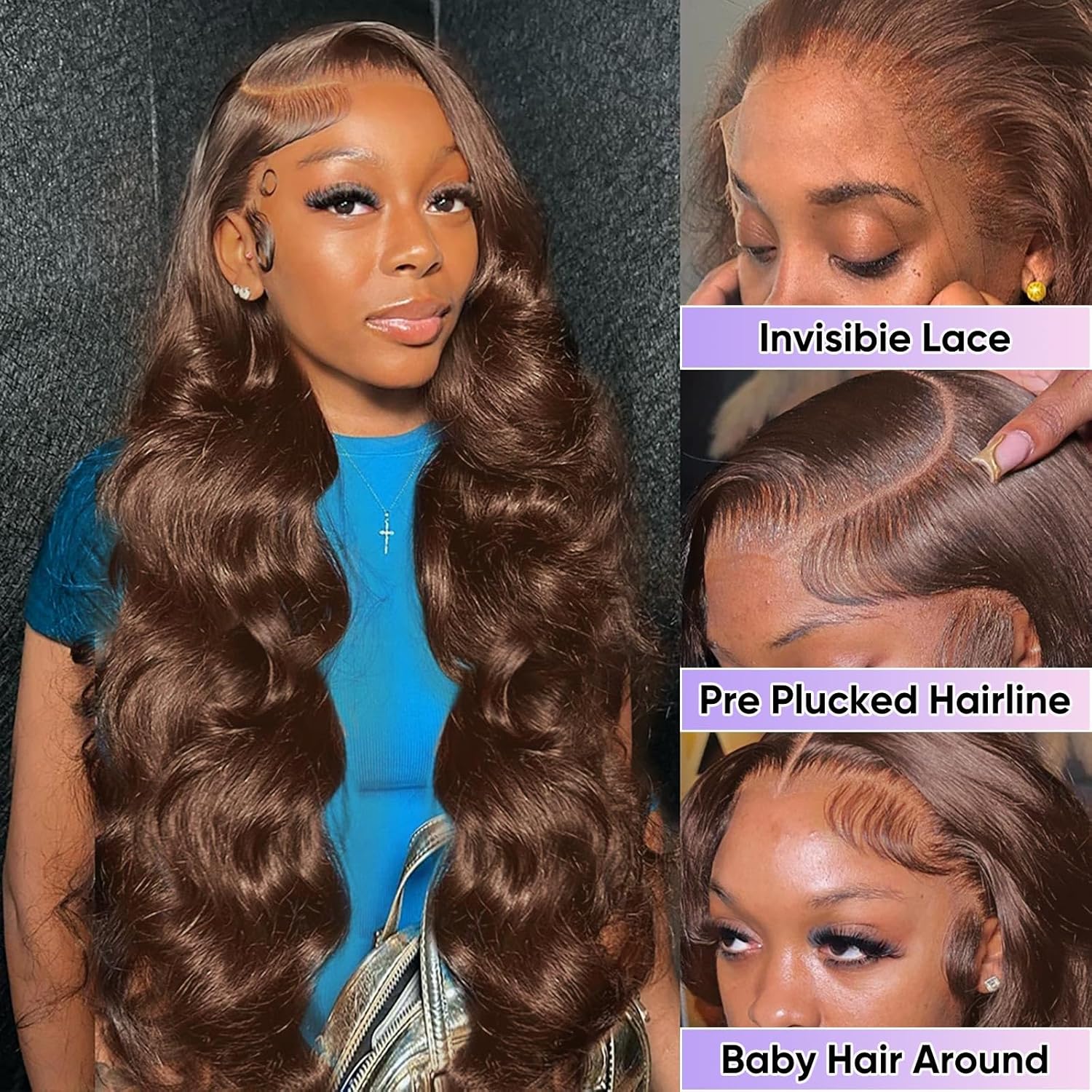 Bling Hair Chocolate Brown Lace Front Wig Human Hair 13x4/6 Transparent Lace Frontal Wigs 180 Density Body Wave Deep Wave HD Lace Front Wigs Human Hair pre Plucked Colored Wigs for Women