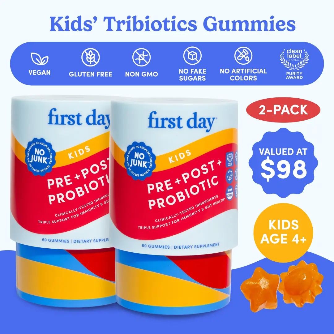 First Day Kids 3-in-1 Probiotic Gummies – Pre, Pro & Postbiotics for Digestion, Immunity & Oral Health – Organic, Clean Label, Kiwi Flavor – 2-Pack, 60-Day Supply
