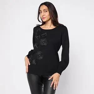 Nina Leonard Long Balloon Sleeve Round Neck Sweater Top