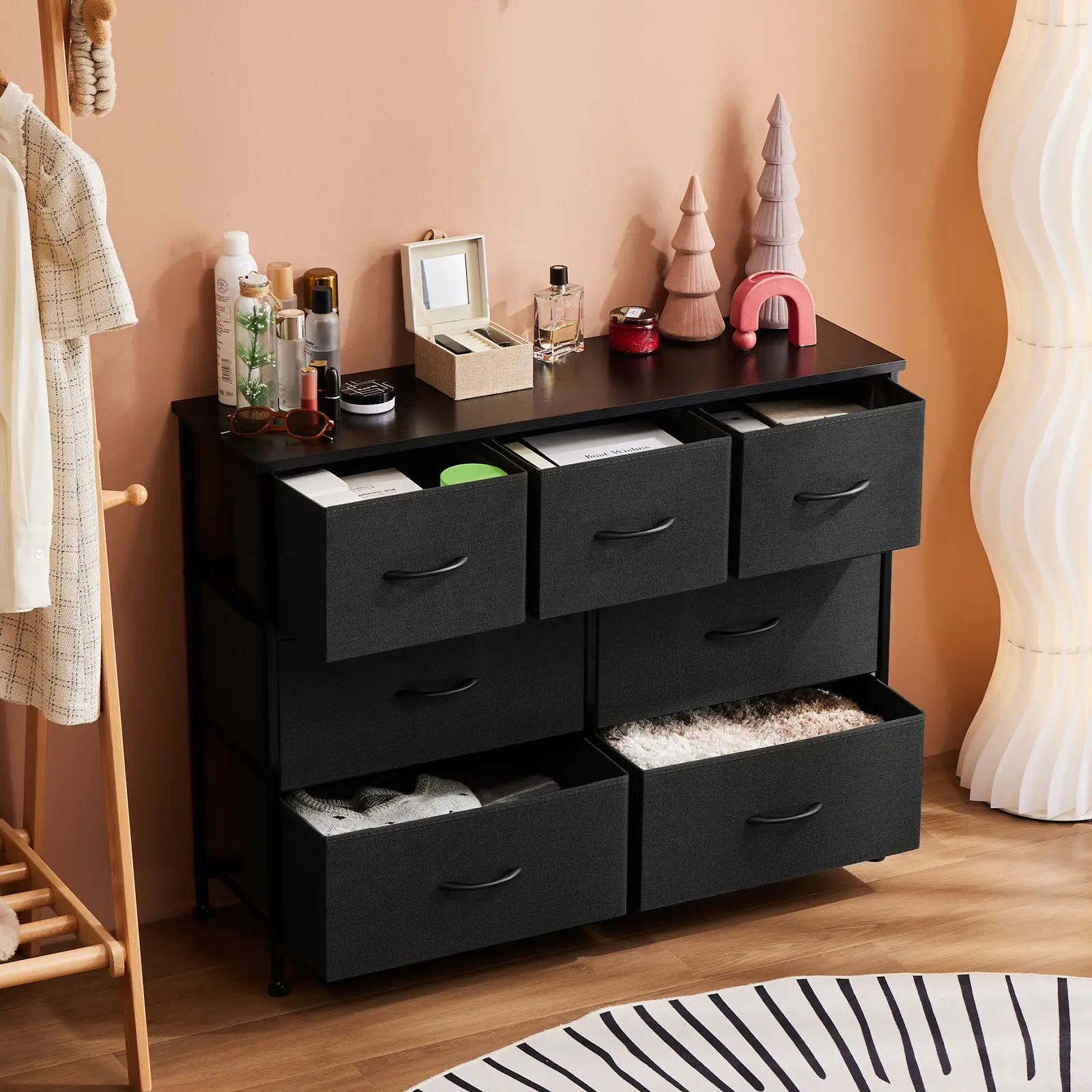 SweetFurniture 7-Drawer Modern Storage Cupboard - Fabric Slide Out Drawers Dresser with Wood Top, Closet Organization Solution for Bedroom, Apartment Furniture, Drawers Cabinet, Entryway Storage Cabinets,dorm essentials,home decor