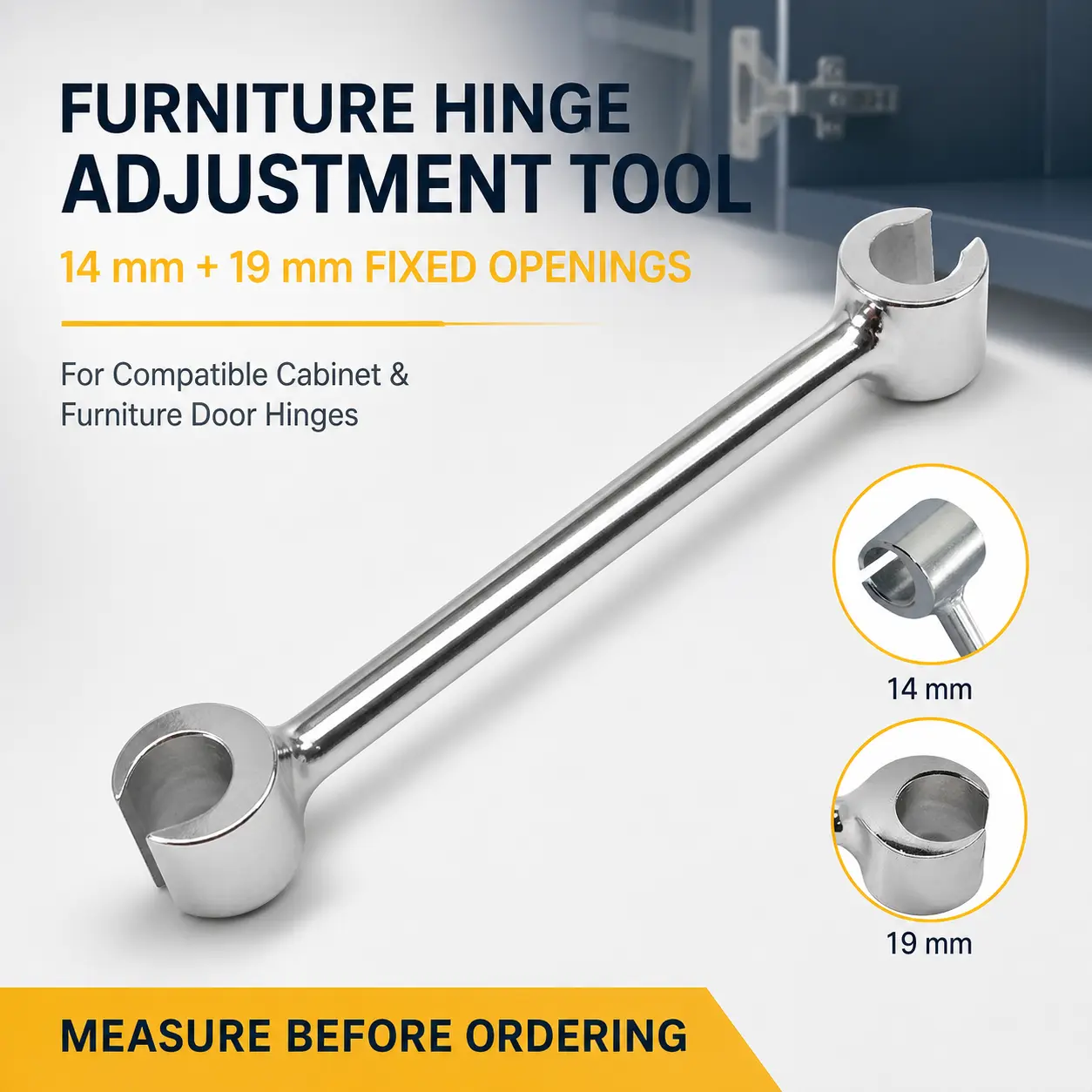 Double-Ended Furniture Door Hinge Adjustment Wrench - 14mm/19mm Dual Opening Steel Tool with Long Grip for Exposed Cabinet, Wardrobe Hinges (inches/mm compatible)