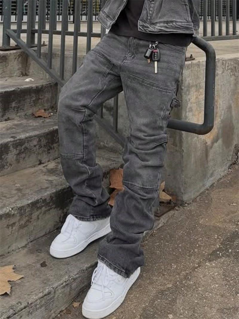 New Men Stylish Baggy Regular Fit Jeans Trousers Streetwear Men's Solid color Splice Loose Straight Casual Denim Pants SpringStatements