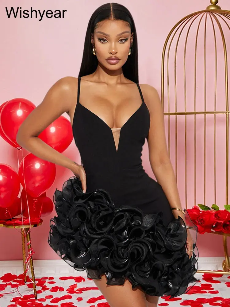 Mini Dress Women Sexy Straps Ruffle Red Luxury Birthday Night Prom Robe