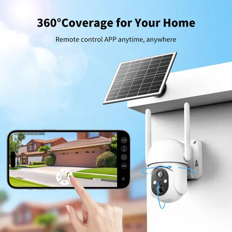 [TechVibes]White 4G LTE Cellular Solar Surveillance Security Camera – 2K HD Video 360° View, No WiFi, Remote APP Controlled, Motion Activated, Night Vision, Built-in Cellular Card (4G LTE Data Service need activate)