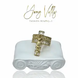 Jesus Christ Ring with Cross Gold-Tone Design Featuring Crucified Figure & Zircon Style Accents Symbolic Jewelry.