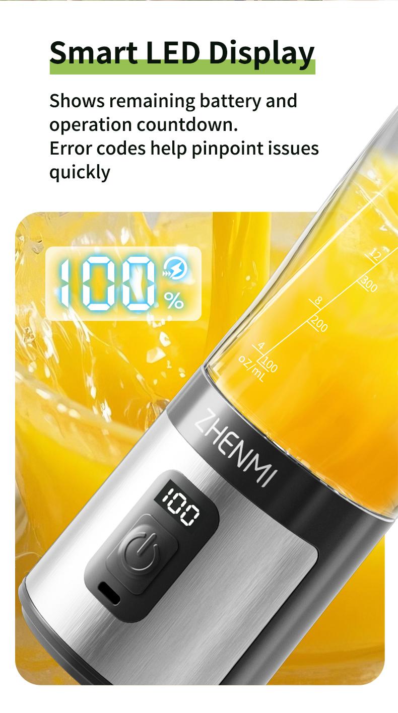 ZHENMI Personal Portable Blender with Digital Auto-Countdown Display, 20oz Leakproof Travel Cup with Guarded 6-Blade for Ice Crushing, USB-C Rechargeable, BPA-Free, Dishwasher Safe, For Shakes, Smoothies & Ice, Blend & Go Anywhere