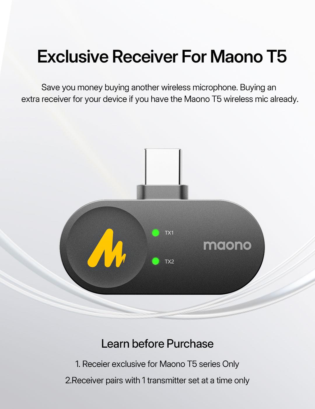 Portable Exclusive Type-C and Lightning Receiver Only For Maono T5 wireless Lavaliar Microphone, widely compatible with iPhone, iPad and Android.