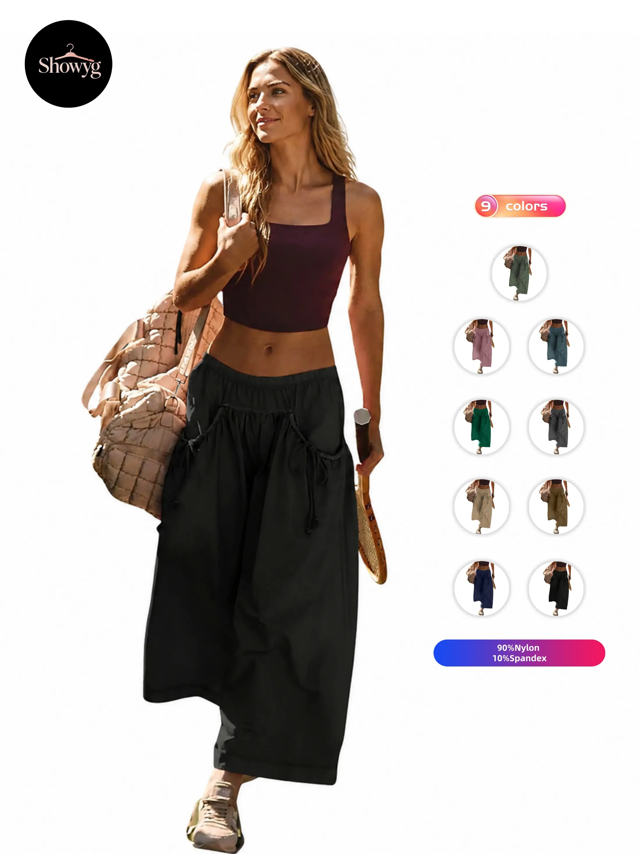 Showyg Women's Track Pants, High Rise Baggy Wide Leg Capri Pants in Nylon Spandex with Elastic Drawstring Waist, Bottom,clothes for back to school,first day of school outfits