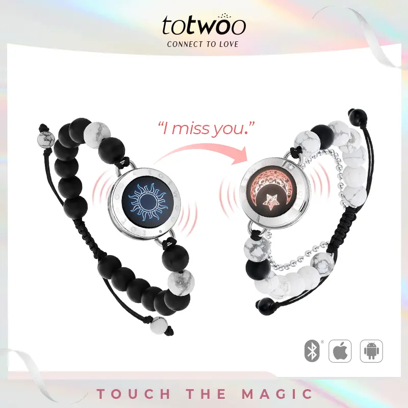 totwoo Smart Bracelets for Couples, Romantic Sun & Moon Bead Gift Set with Long-Distance Touch, Emotional Charm, Vibration & Glow, Romance, Casual, Stainless Steel, Couple-Themed Bracelets & Bangles, Daily