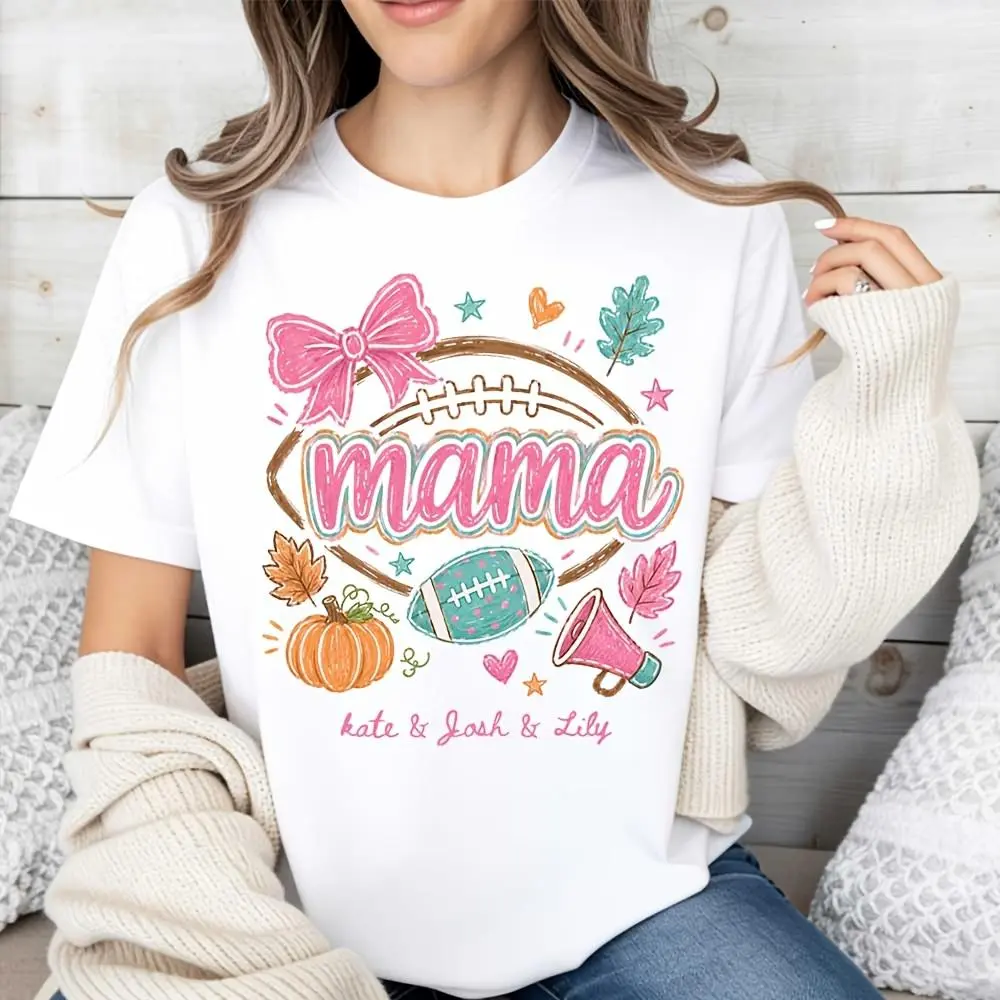 Mama Football Bow Pumpkin Fall Leaves Personalized Names T-Shirt, Autumn Thanksgiving Game Day Mom Gift, Casual Wear Family Reunion