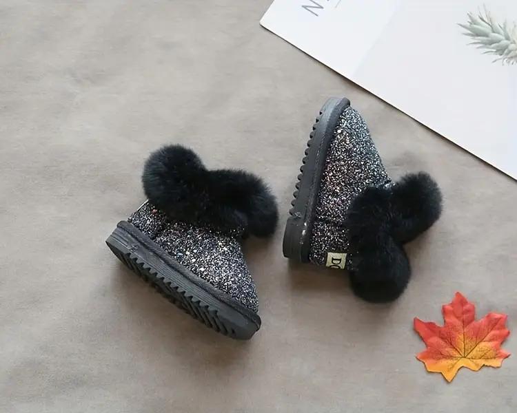 Baby Girl Sparkly Snow Boots with Fleece-Lined Thickened Soft Sole, Glittery Pink Low-Top Winter Shoes with Heart Pom-Poms & Closure for Toddlers Infants Outdoor Play, Cute Cartoon Pattern Winter Boots zipper