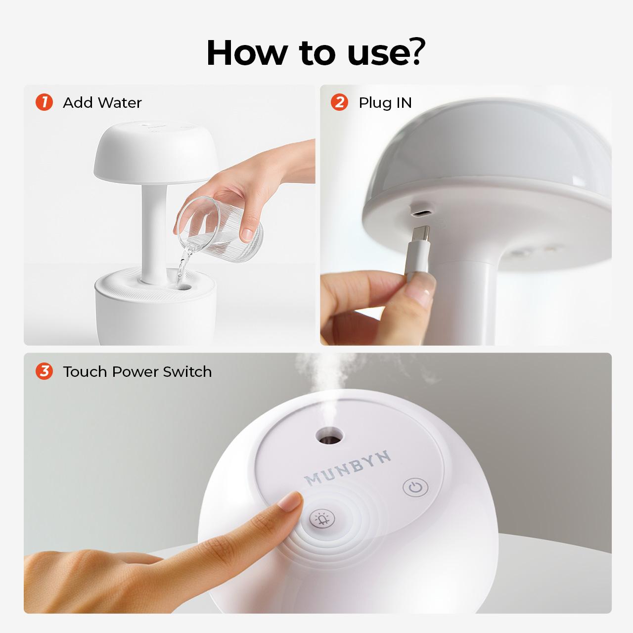 【 MUNBYN  Mushroom Anti Gravity Humidifier】 Water Drop Humidifier with Multi Colors Night Lights for Bedroom, Home & Office, Auto Power-off protection with 8 Hours Battery Life, Quiet Diffuser with 38db, Air Humidifier Gift