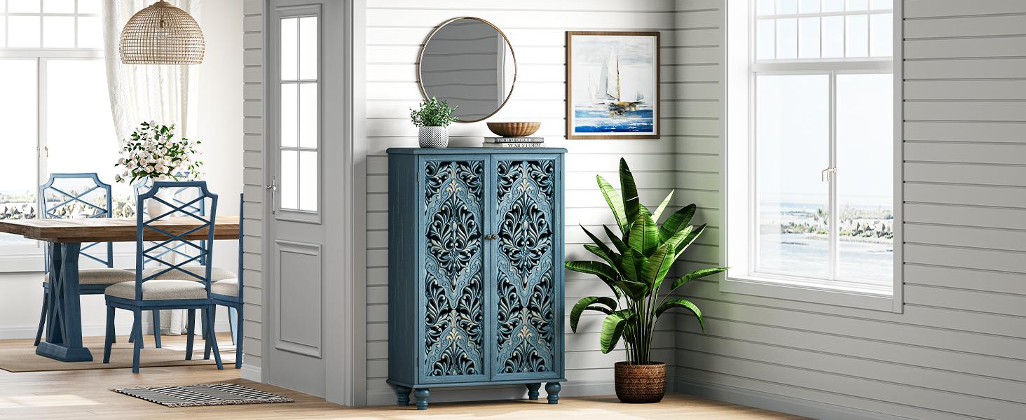 47" Boho Farmhouse Accent Cabinet Navy Blue Mandala Carved Doors Solid Wood Legs 100lbs Storage Sideboard for Entryway Living Room Coffee Bar