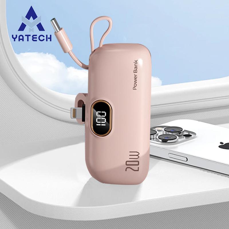 1PCS A pink. 5000mAh Mini Portable Power Bank, PD Fast Charging With LED Display, Type-C & IPhon Cable, Compatible With IPhon 6–15 Series