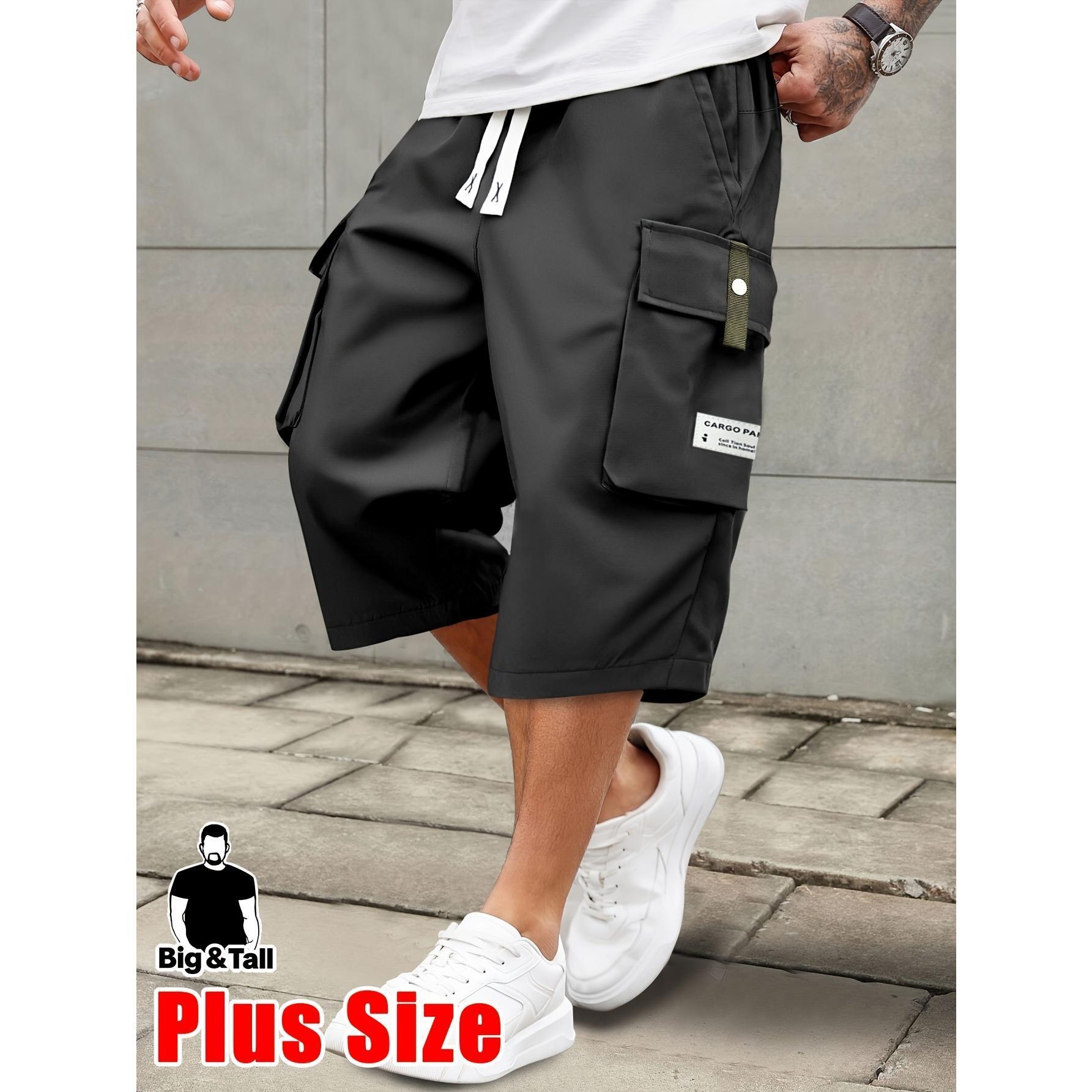 Men's plus size summer work pants - elastic drawstring waist circumference, multiple pockets and letter patches, regular mid waist non elastic fabric, opaque, suitable for daily and casual wear, Father's Day gift casual pants for summer