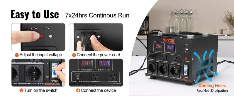 VEVOR Voltage Converter Transformer, Various specifications, Heavy Duty Step Up/Down Transformer, Convert from 110 Volt to 220 Volt and  from 220 Volt to 110 Volt, with US Outlet EU Outlet 5V USB Port, CE Certified