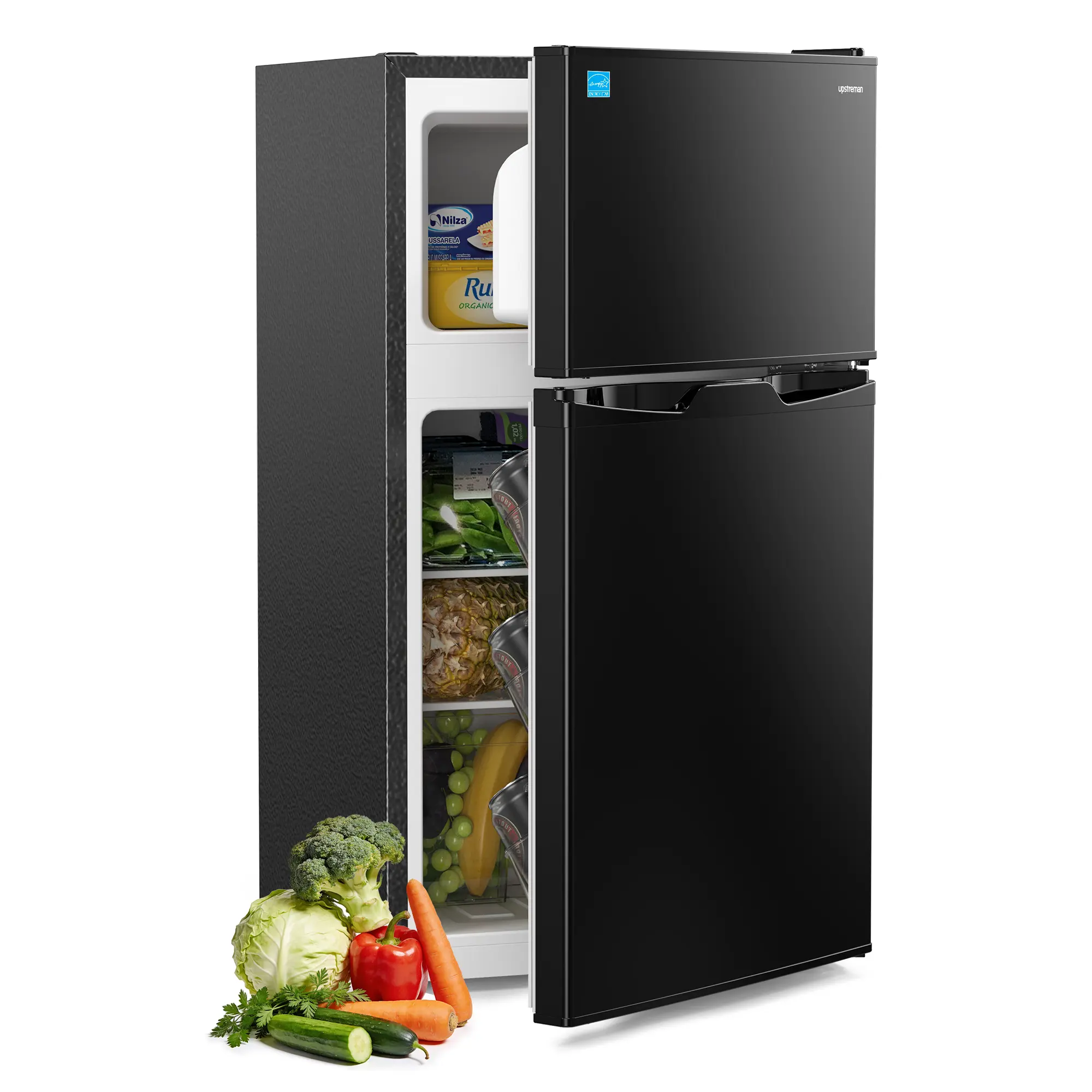 Upstreman 3.1 Cu.Ft Freestanding Rectangular Double-Door Top Freezer Mini Fridge - Stainless Steel, 1 Cu.Ft Freezer, Adjustable Thermostat, Quiet Efficient, led lights, Removable Shelves, Crisper Drawer, 110v-120v Energy Saver, for Dorm, Office