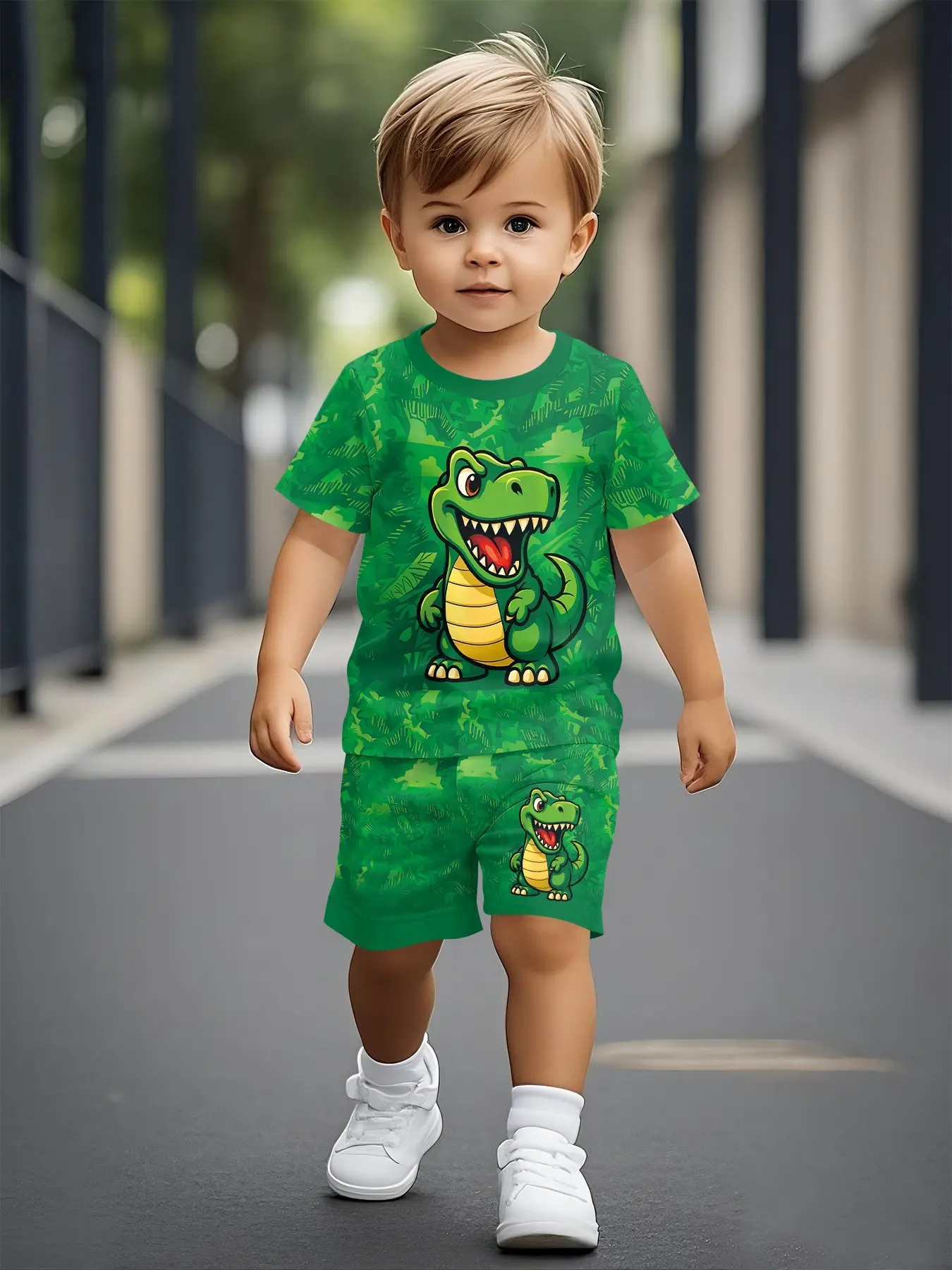Boys' Jungle Dinosaur Print Casual Short-Sleeve T-Shirt Set, Summer Clothing Set, Digital Printed Kids' Clothing, Graphic Tees, 100% Polyester, Suitable for Daily Wear & Outdoor Sports, Ideal Gift for Toddlers