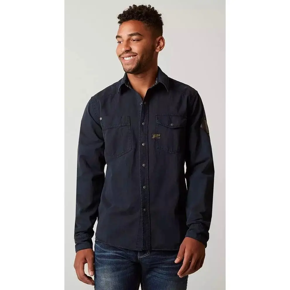 Affliction Men's Button-Down Shirt - Blue Fitted Long-Sleeve Casual Shirt with Graphic, Decorative Button Detailing, Patch Details, Power of Blue, Blue Fitted Long-Sleeve Casual Shirts