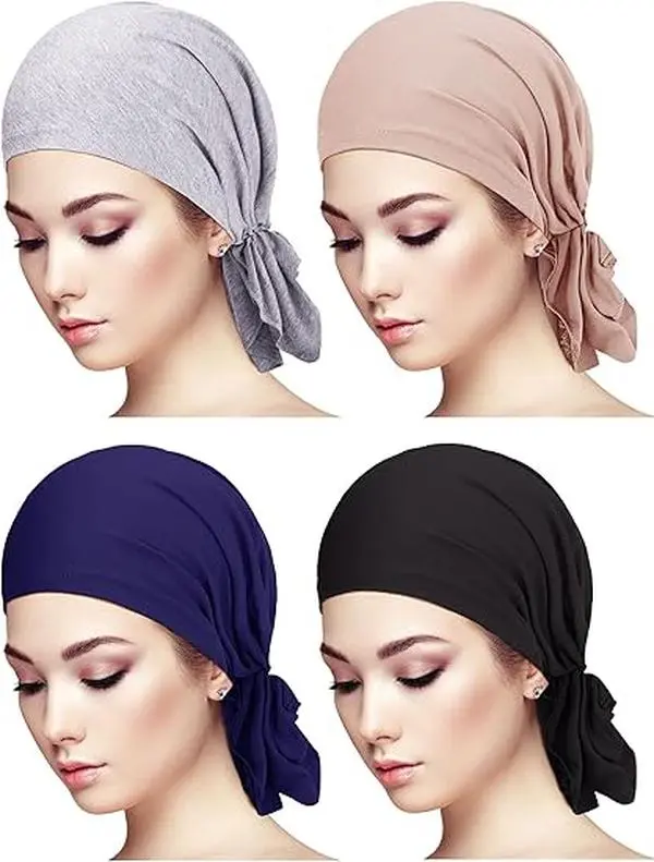 Women's 4-Piece Easy On/Off Pre-Tied Head Scarves - Muslim Headscarf Cover, Turban Wraps, Beanie Caps Headwear