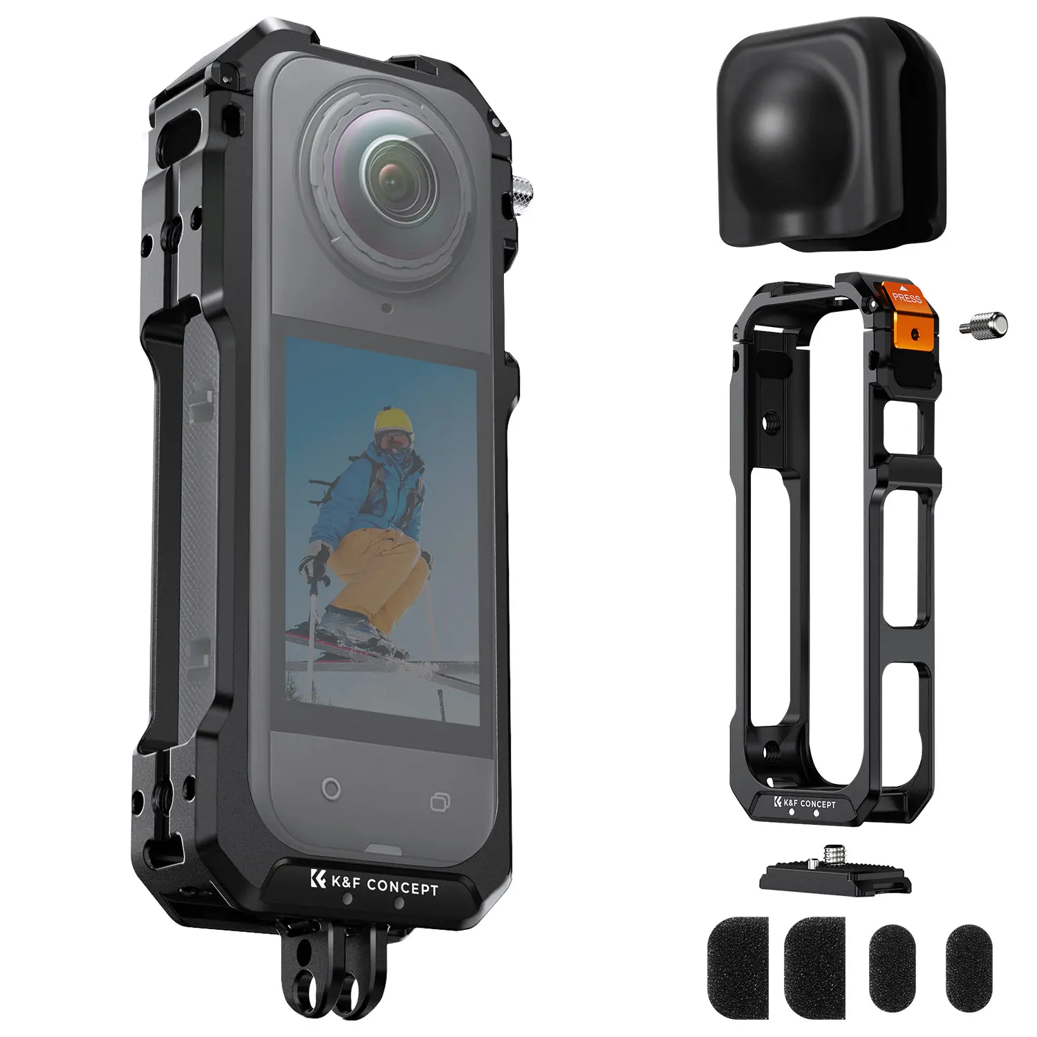 K&F Concept Camera Cage for Insta360 X5, Aluminum Alloy Protective Case with Silicone Lens Cover, Frame with 2 Cold Shoe Mounts for Microphone and Led Video Light, Built-in 1/4" Screw Hole