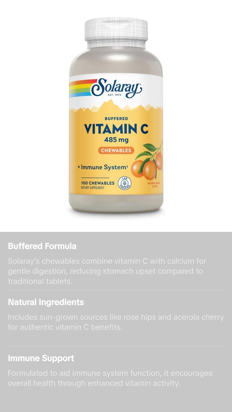 Solaray Vitamin C 485 mg Buffered Chewables with Natural Orange Flavor 100 Count for Immune System Support & Collagen Health