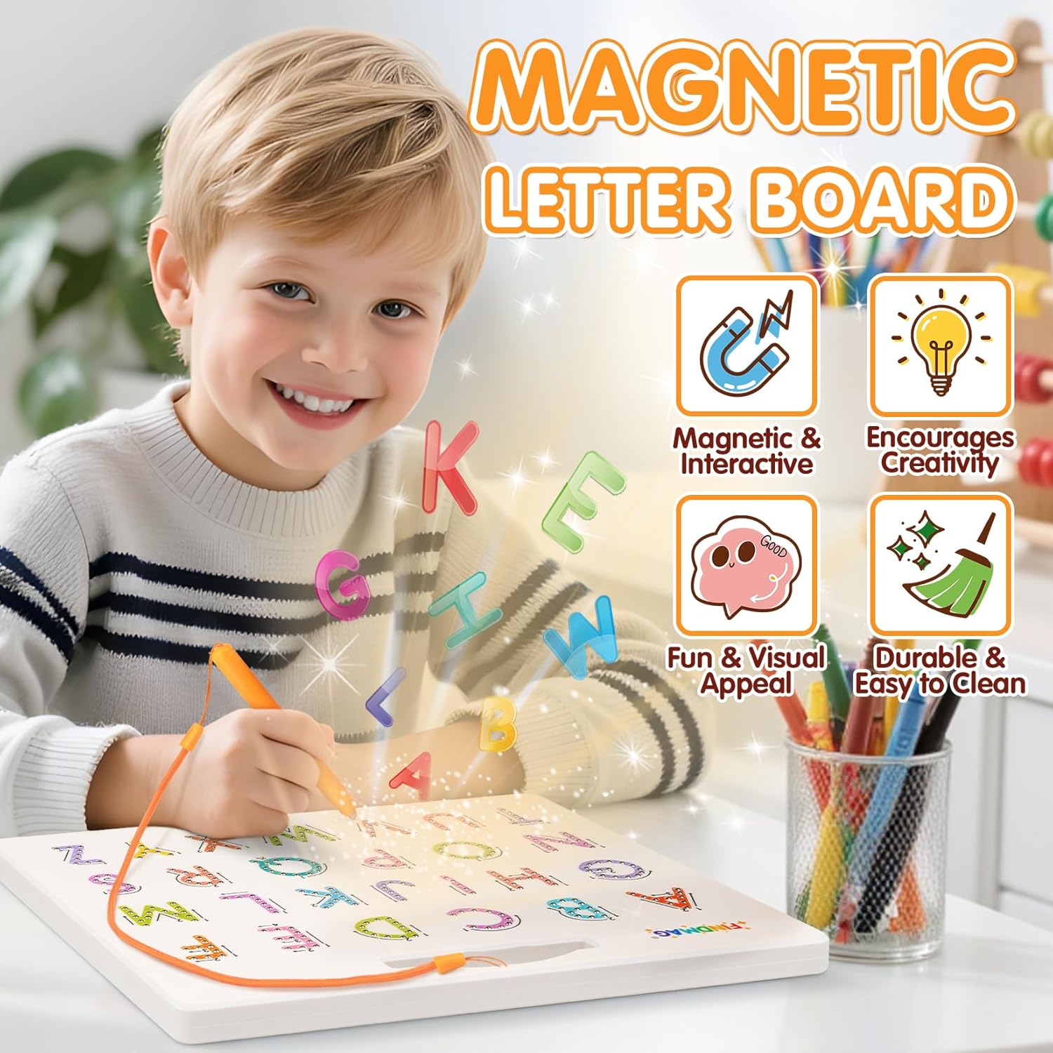 2-in-1 Double-Sided Magnetic Letter Tracing Board – Montessori ABC Learning board for Toddlers, Alphabet Writing Practice Board with Uppercase & Lowercase Letters, Educational Preschool Sensory Travel Toy for Kids Ages 3-5