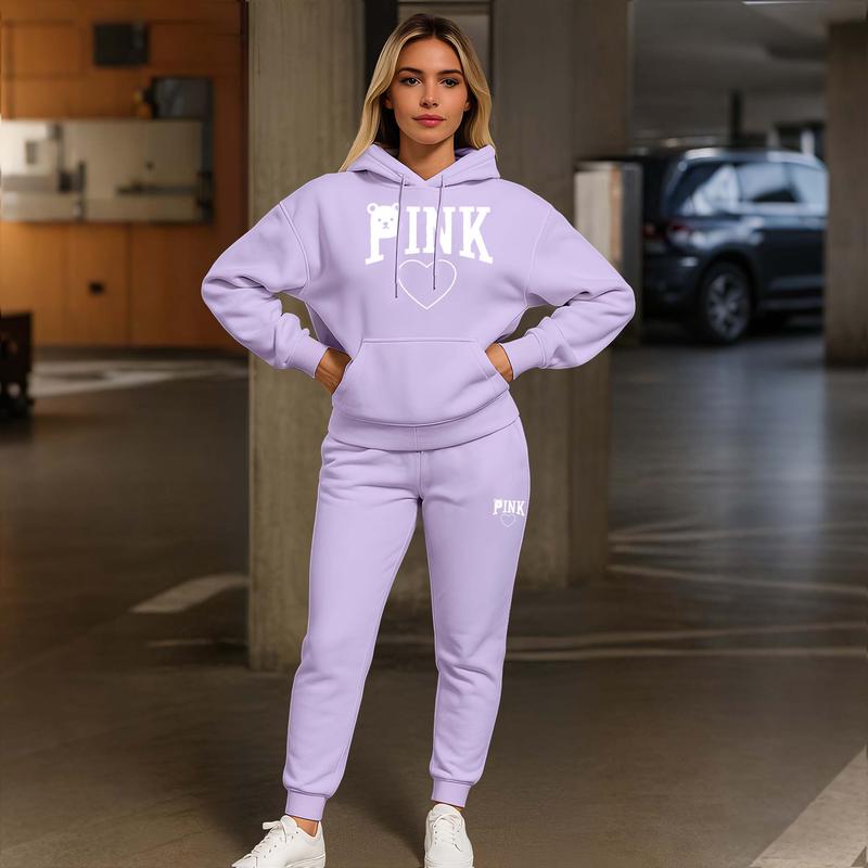 Women's Bear Pink Print Hoodie And Drawstring Track Pants Set, Casual Sportswear, Long-Sleeved Hooded Jacket And Pants, Suitable For Autumn And Winter, Everyday Wear, Indoor And Outdoor Sportswear, Casual Sportswear.