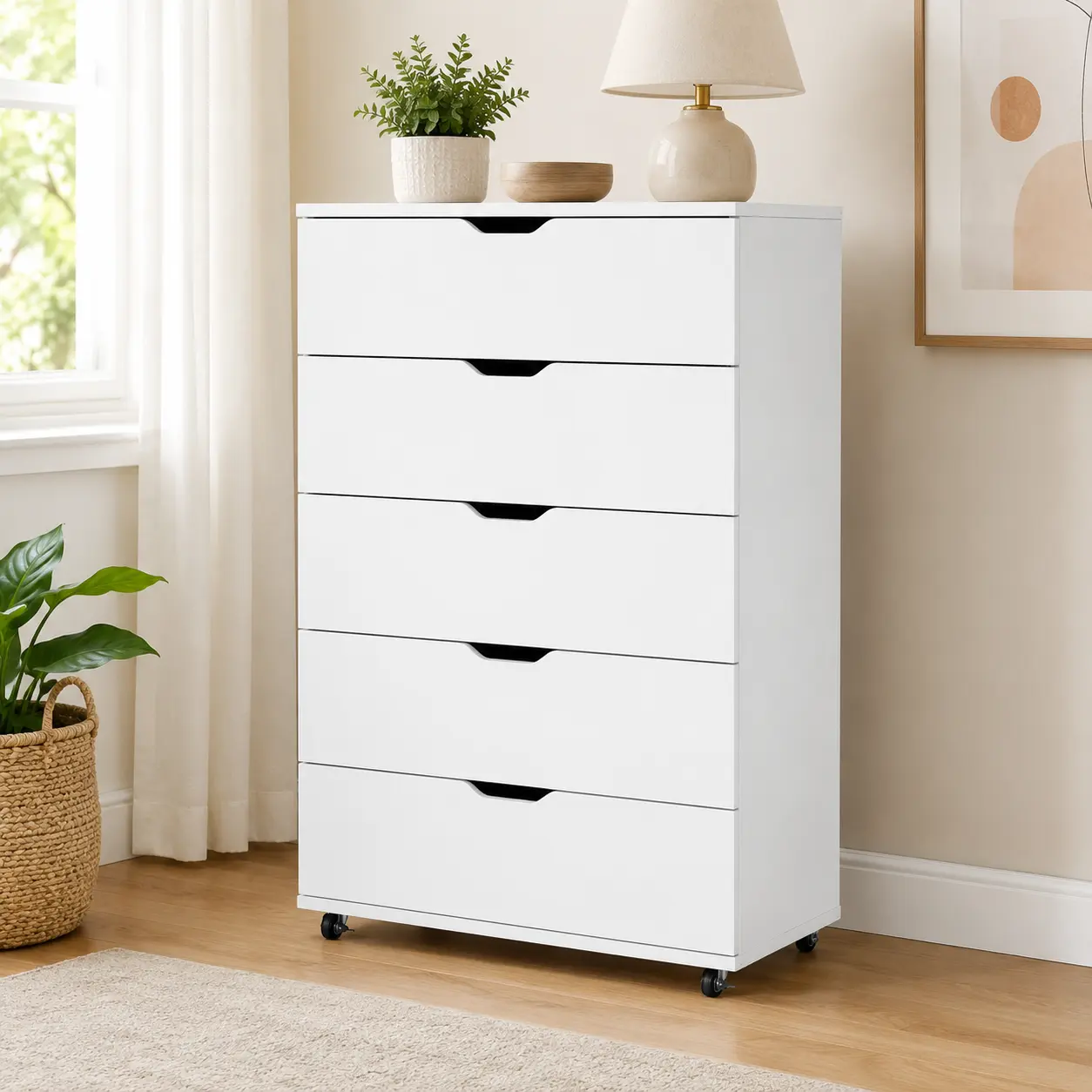 5-Drawer Rectangular Wooden Dresser - Locking Casters, Modern Wide Storage Chest Organizer, Single Unit Indoor Cabinet for Bedroom, Living Room, Bedroom Dresser