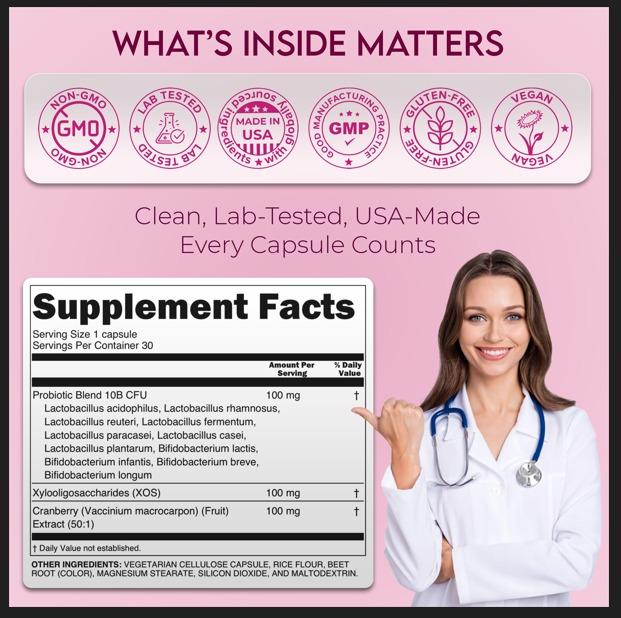 PRO-V Women's Prebiotic & Probiotic Blend - 6 Probiotic Strains, XOS, Cranberry Extract for pH Balance, Odor Control & Gut Health - 30 Capsules - Healthcare