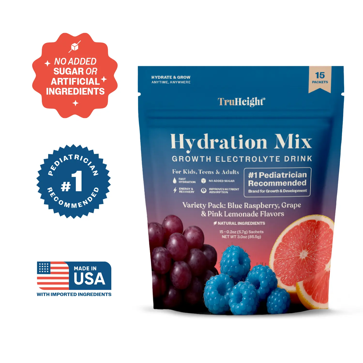 TruHeight Hydration Packets - Kids, Teens & Adults Fast Hydration, Energy & Recovery - Dehydration Relief Electrolytes Powder Packets for Athletes