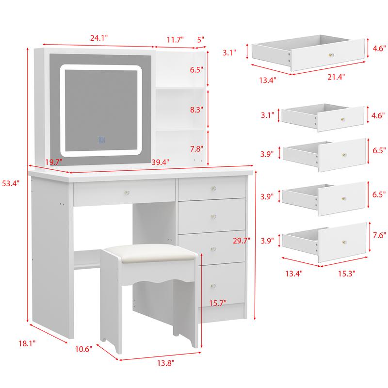 FUFU&GAGA Large Vanity Table Set Makeupdesk Dressing Table with Mirror Dresser Desk and Cushioned Stool Set (Slidding Lighted Mirror)