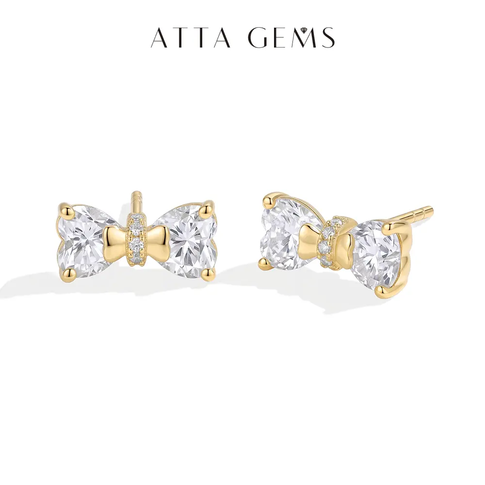 ATTAGEMS Stud Earrings for Women, 925 Sterling Silver Cute Bow Design with a Sparkling 5x5mm Heart Shaped D VVS1 Moissanite, Cute Earrings, Heart Shaped Earring
