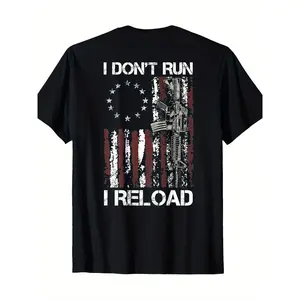 100% Cotton American Flag Patriots T-Shirt - 'I Don't Run I Reload Gun' Design, Short Sleeve, Round Neck, Machine Washable.