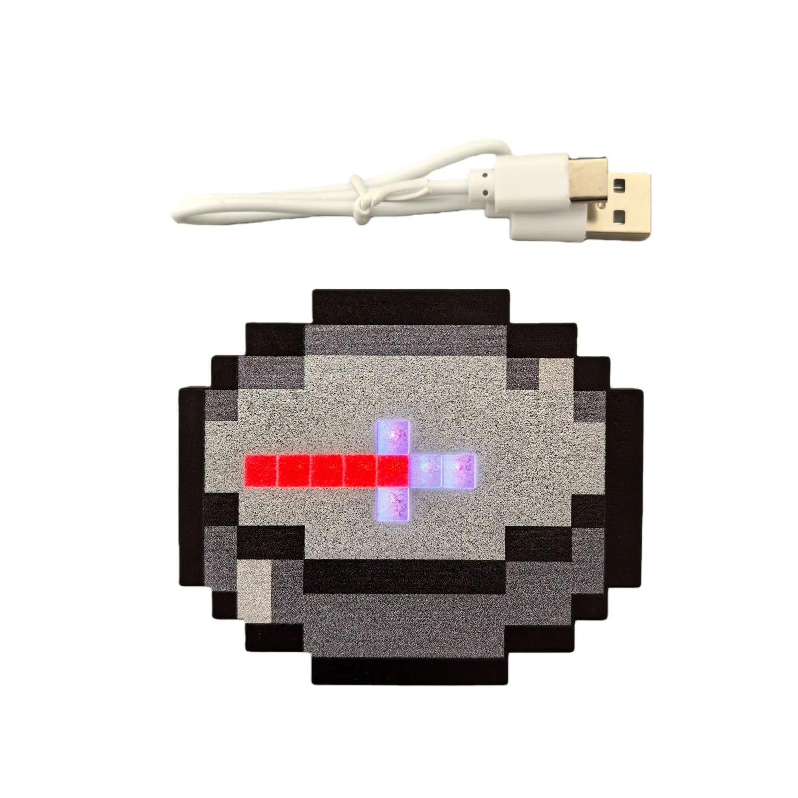 Retro Pixel Art Collectible RPG Prop for Video Game Fans, Matte ABS Desk Decor & USB Rechargeable LED Backpack Charm, Led Glow, Led Desk Decor