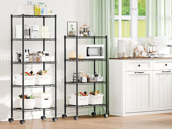 5 Tier Heavy-Duty Adjustable Wire Shelving Unit with Casters Ideal for garages, kitchens, pantries, laundry rooms, and office storage Easy assembly Dimensions: 23“W × 13”D × 60"H Black 5 Tier Heavy-Duty Adjustable Wire Shelving Unit with Casters Ideal for garages, kitchens, pantries, laundry rooms, and office storage Easy assembly Dimensions: 23“W × 13”D × 60"H Black