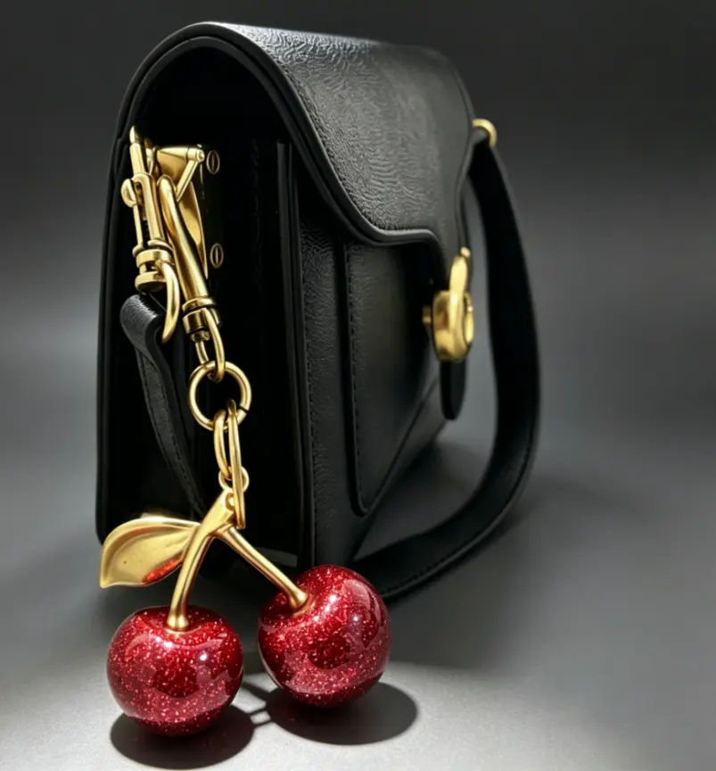 Sparkling Cherry Bag Charm (Free Shoulder Bag) Cute Fruit Keychain for Women. Bling Aesthetic Accessory for Handbags, Car Keys. Multi-functional Crossbody Bag Gift.Genuine Leather Large Capacity Tote Bag