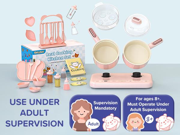 Gotoofun Pink Double Stove Children's Real Cooking Kitchen Set Safe Mini Kitchen for Boys Girls Compact Multifunctional Cooking Toys Montessori Gift for Girls/Boys 8–12