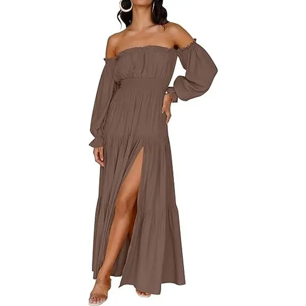 ZESICA Women's 2025 Boho Sexy Off Shoulder Long Sleeve Smocked High Waist Side Split Flowy A Line Tiered Long Maxi Dress