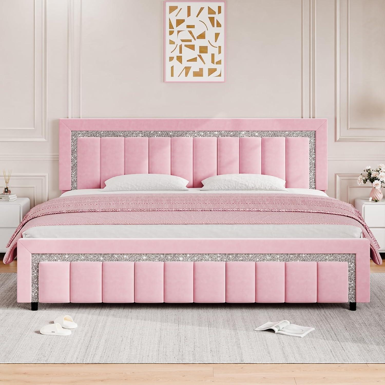 HOMBCK Bed Frame, No Mattress, Velvet Upholstered, Diamond Headboard, Vertical Channel Tufted Headboard, No Box Spring Needed, Easy Assembly
