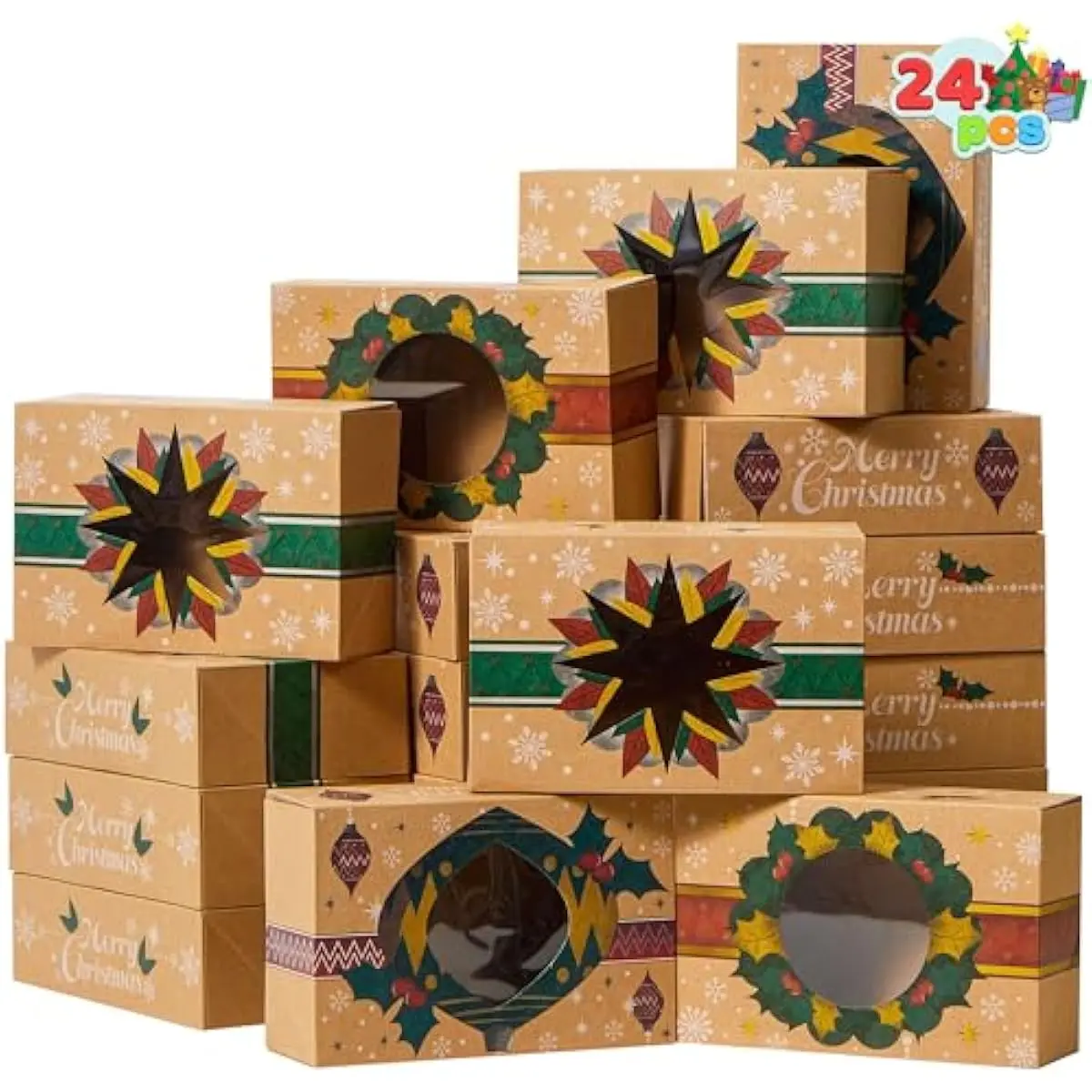 24PCS Christmas Cookie Boxes for Gift Giving, 8.75" x 5.75" x 2.75" Xmas Holiday Bakery Treat Boxes with Window, Kraft Cookie Tin Containers Box for Baked Goods, Cupcake, Pastry, Candy, Brownies