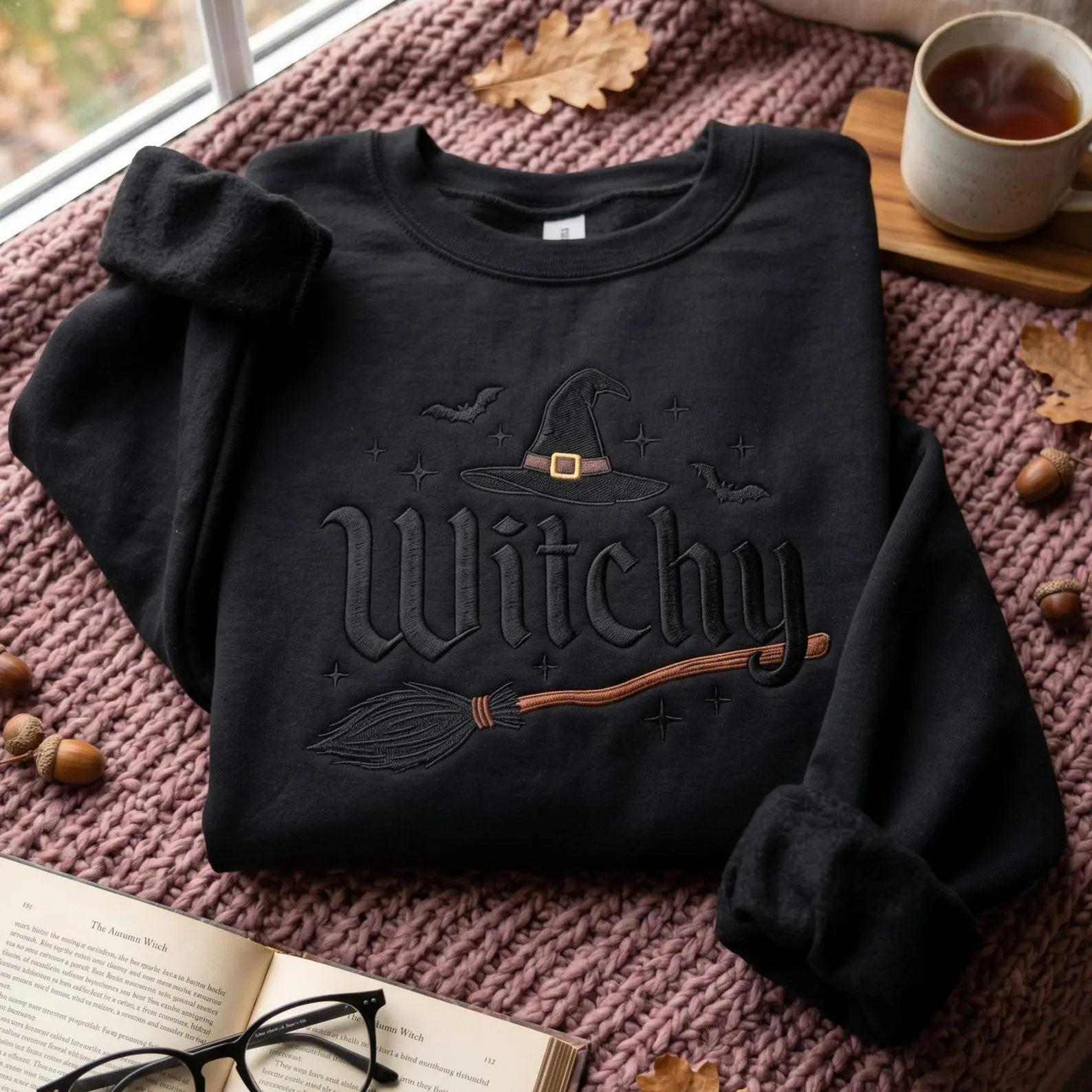 [Made in US] Embroidered Witchy Halloween Sweatshirt T Shirt Hoodie, Bat And Broomstick Witch Costume