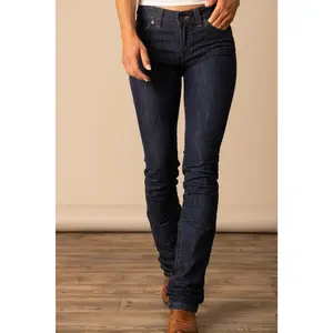 Kimes Betty Jean in Dark Indigo - Mid-Rise Fitted Thigh Bootcut Denim Jeans with Embroidered Detailing & Below the Ankle Hem - 99% Cotton 1% Spandex