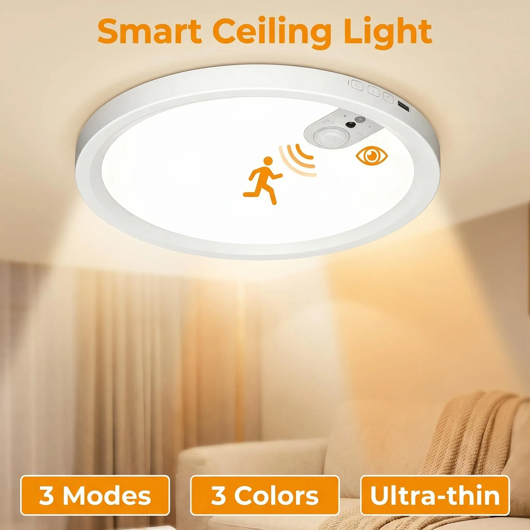 Rechargeable motion sensor ceiling light, 18 cm, with remote; battery-powered magnetic wireless light with three colors; timer, dimmable, motion-activated lamp for closet, shower, hallway, pantry