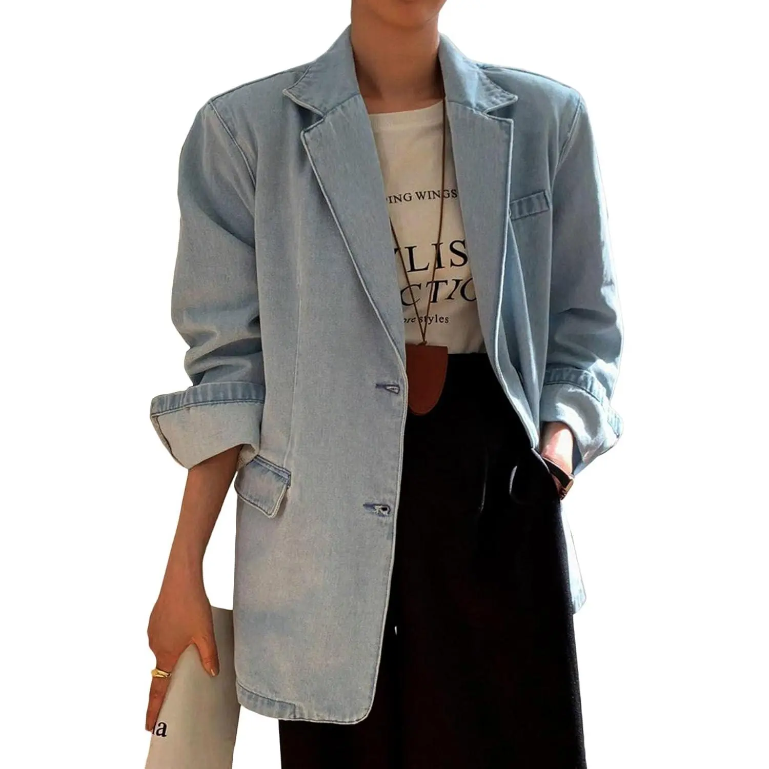 Mina self Women's Denim Blazer - Soft Polyester Blend Oversized Boyfriend Jacket, Lightweight Casual Wear Clothes for Work, Dates & Family, Lady, Long Sleeve, Longsleeves, Dress Casual, Ripped, Oversized Cut, Boyfriend Fit, Distressed Look, Open Front, Wo