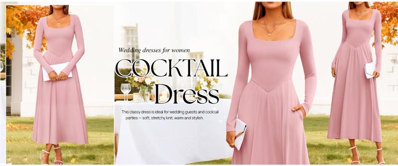 ZESICA Fall Dresses for Women 2025 Elegant Classy Square Neck Long Sleeve Flowy Wedding Guest Party Midi Dress